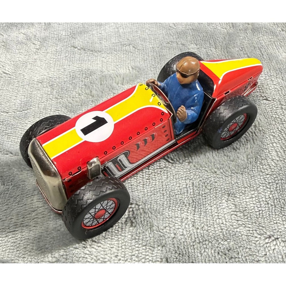 Schylling Speedway Tin Wind Up Race Car Driver No 1 Red Yellow Toy